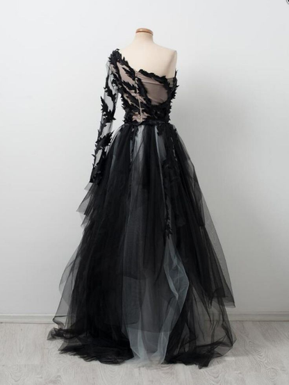 Black One Shoulder Tulle Long Prom Dress Evening Dress  SH1040