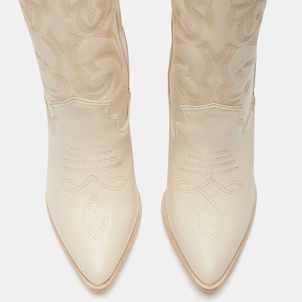 Ivory Pointed Toe Embroidered Knee-high Block Heel Cowgirl Boots