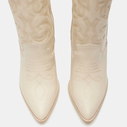 Ivory Pointed Toe Embroidered Knee-high Block Heel Cowgirl Boots