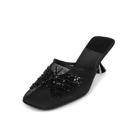 Black Fishnet Square Toe Kitten Heel Sequin Wide Band Mules Shoes