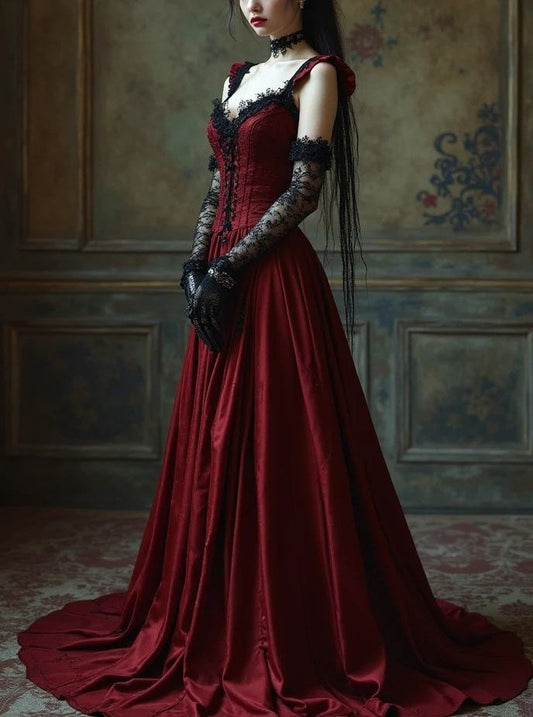 amakanas-Burgundy Corset Floor-Length Train Retro Elegant Prom Dress Evening Dress gh5943