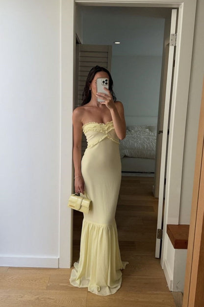 Yellow Fashion Tube Top Long Chiffon Elegant Ball Gown Evening Dress Wedding Guest Party Dress gh3326
