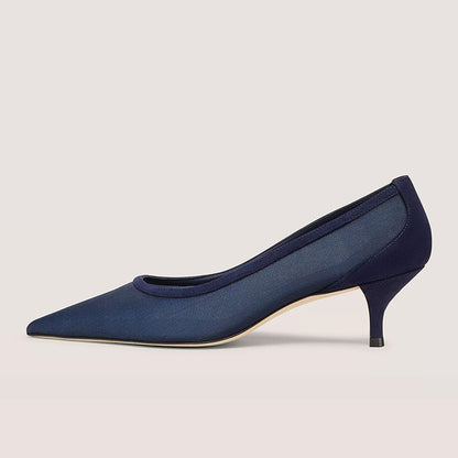 Blue Fabric Pointed Toe Kitten Heel Navy Pumps for Elegant Ladies