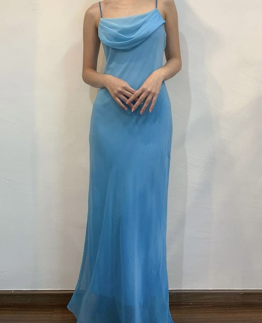 Blue elegant fashion elegant spaghetti strap long chiffon slim evening bridesmaid dress prom dress gh3624