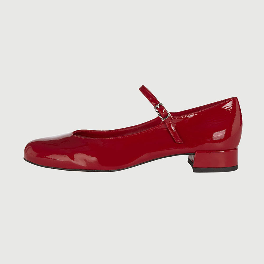 Red Patent Leather Round Toe Buckle Strap Elegant Mary Jane Flats