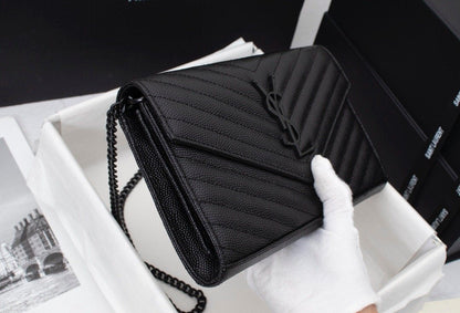 Saint Laurent Matelasse Grain de Poudre Matte Black Monogram Chain Wallet