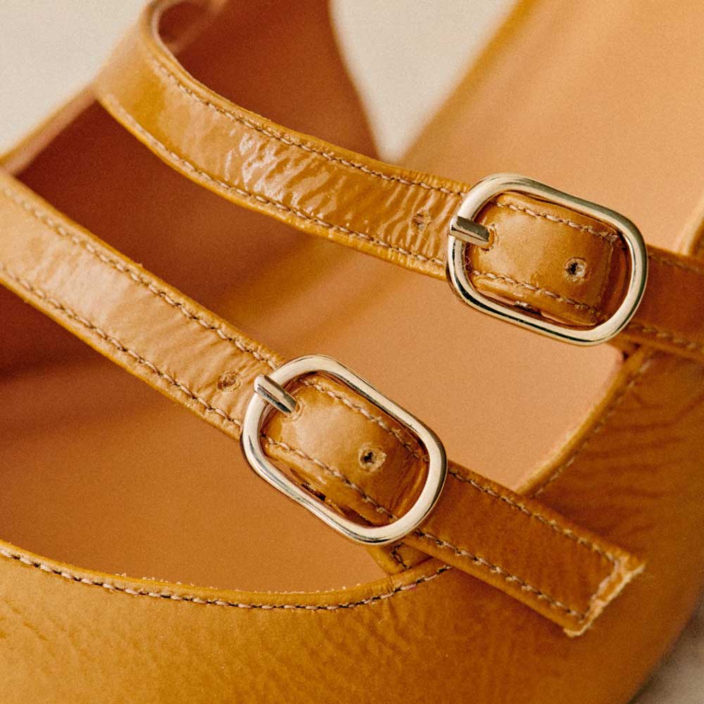 Mustard Square Toe Block Heel Vintage Slingback Pumps