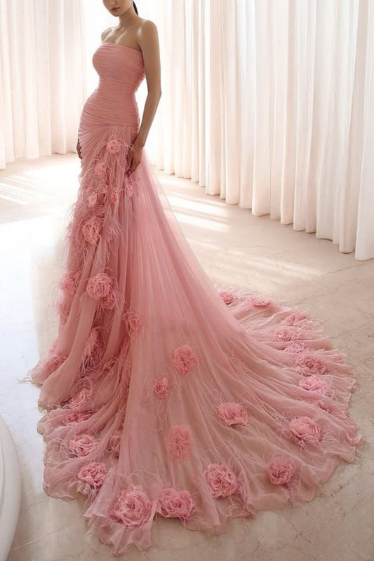 amakanas-Pink Elegant Floral Long Tulle Ball Gown Wedding Dress gh5950