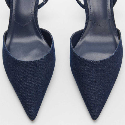 Dark Blue Denim Pointed Toe Kitten Heel Slingback Pumps for Women