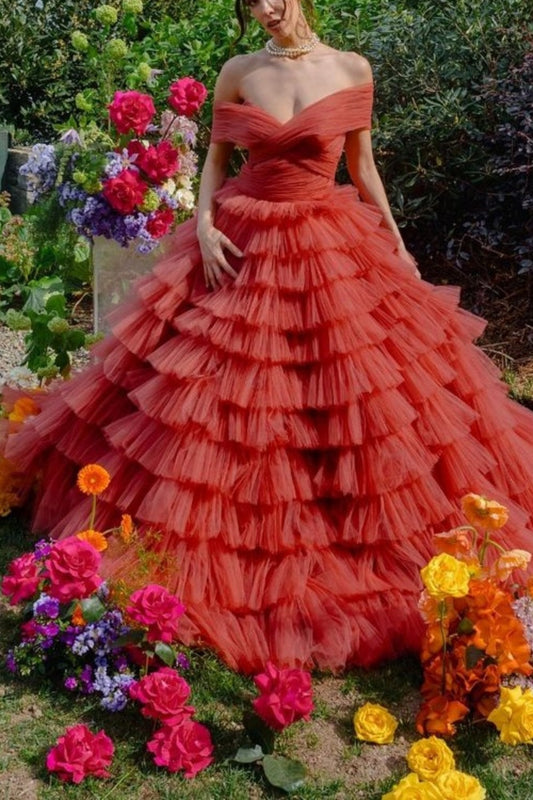 amakanas- Orange-red solid color layered long dress with tulle gh6199