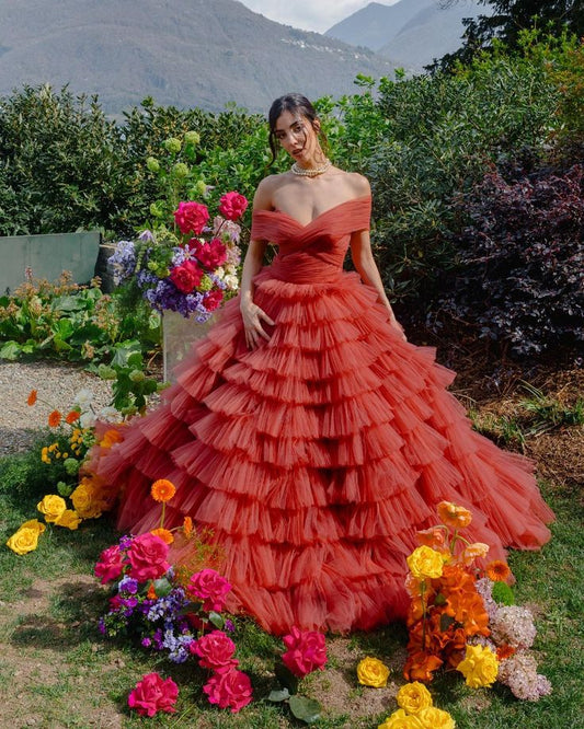 amakanas- Orange-red solid color layered long dress with tulle gh6199