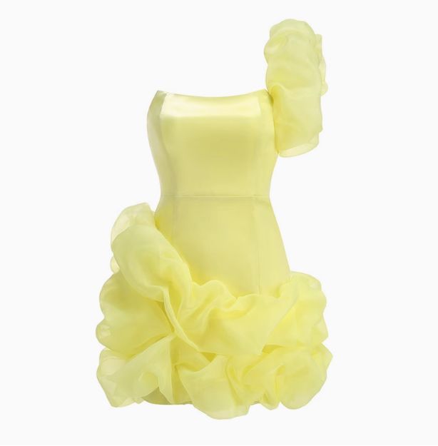 amakanas-Yellow one-shoulder fashion sweet bud skirt short chiffon homecoming dress birthday dress gh5269