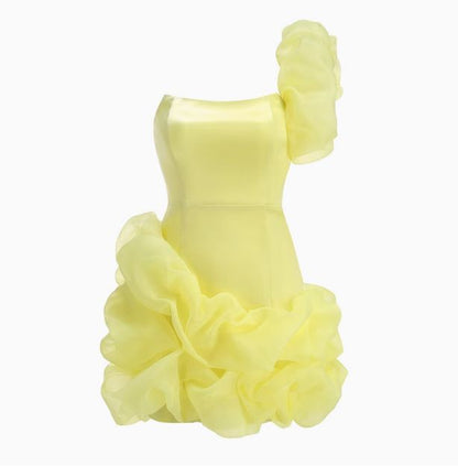 amakanas-Yellow one-shoulder fashion sweet bud skirt short chiffon homecoming dress birthday dress gh5269