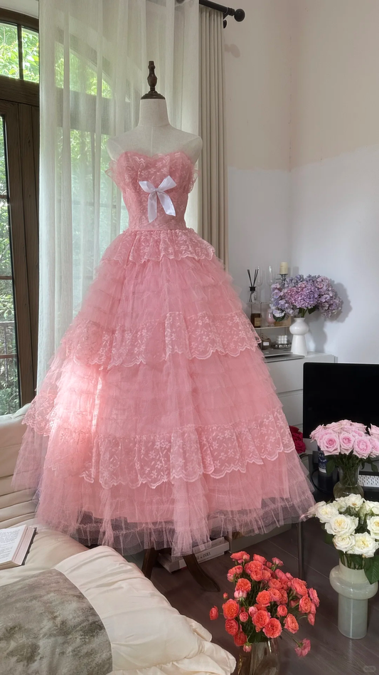 Vintage Pink Strapless Sweetheart Design Romantic Chiffon Tiered Evening Dress Prom Dress TP3994