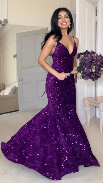 Sparkly Purple Sequin Formal Dresses Mermaid Long Prom Dress V Neck