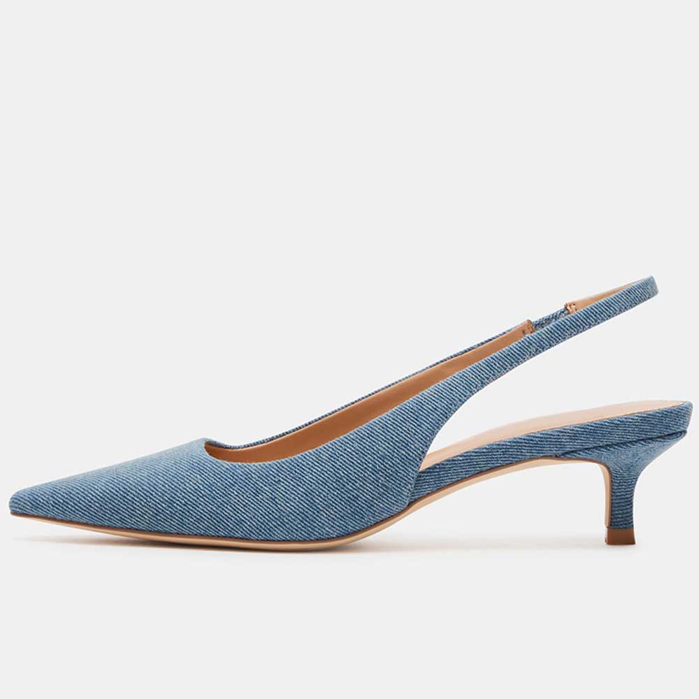 Blue Denim Kitten Heel Slip-On Slingback Pumps with Pointed Toe