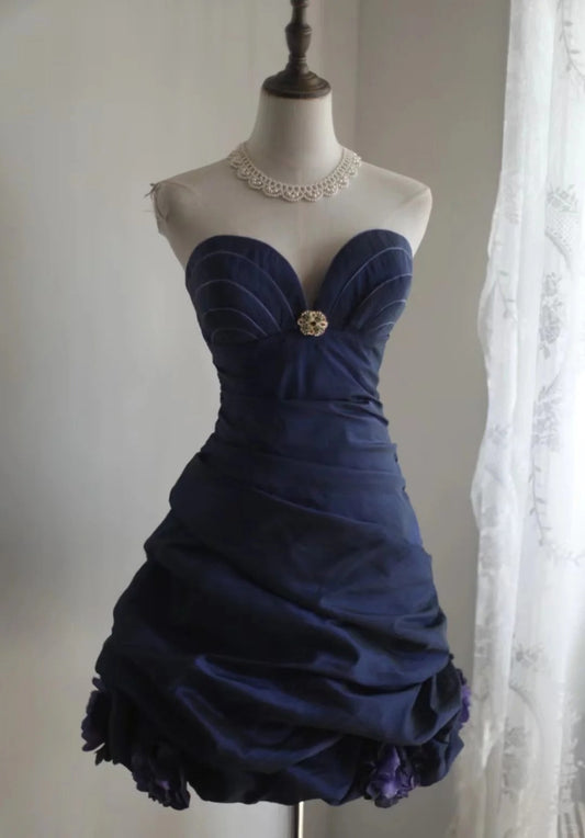 Dark blue irregular pleated short satin homecoming dress a-line princess dress birthday dress gh4376