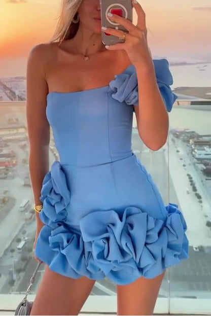 Blue/Black/White Floral Fashion Short Satin Homecoming Dress Birthday Party Dress gh4852