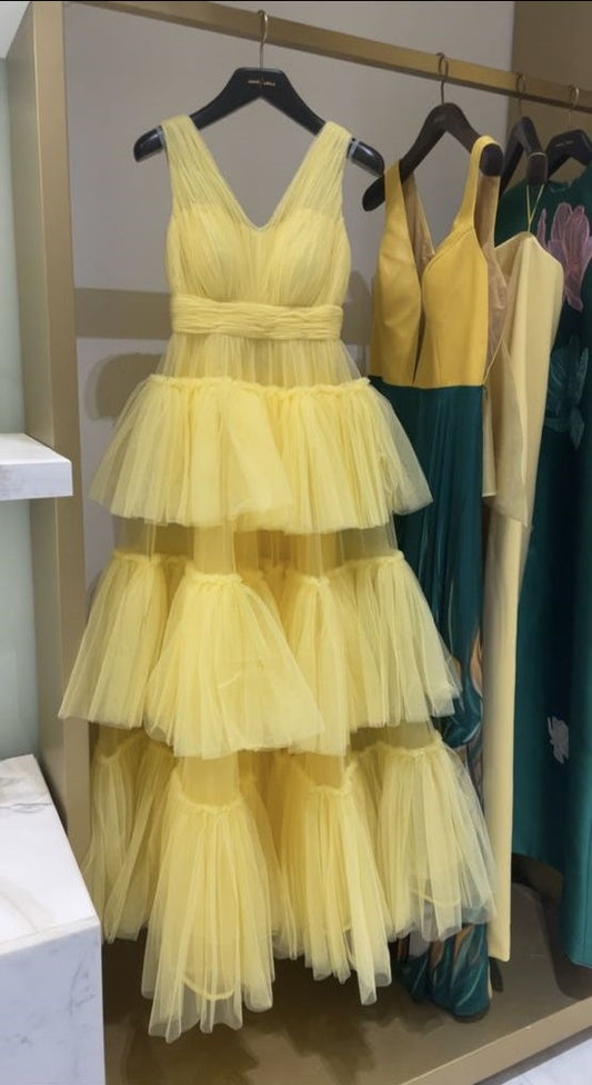 amakanas- Yellow layered ruffled tulle long dress gh6202