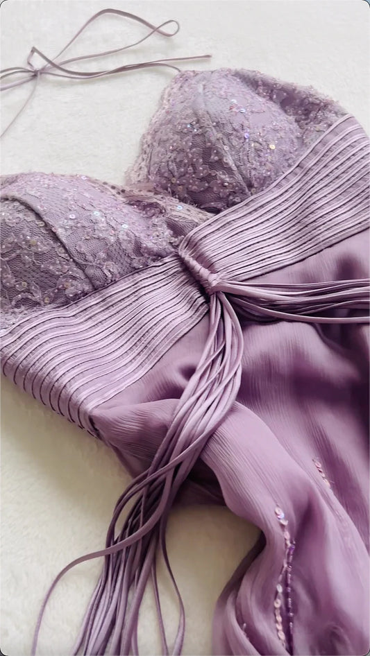 amakanas-CLavender Halter Fringe Gown, Lace Sequin Irregular Ruffled Evening Dress gh6004