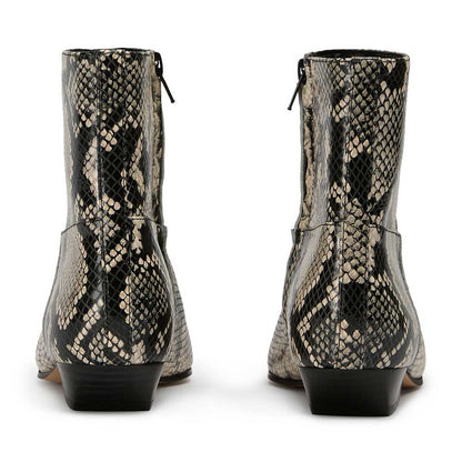 Black Python Embossed Square Toe Ankle Boots with Side Zipper