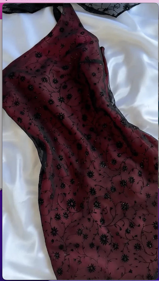 amakanas-Wine Red & Black Floral One-Shoulder Gown, Lace Embroidered Mermaid Hem Evening Dress gh6001