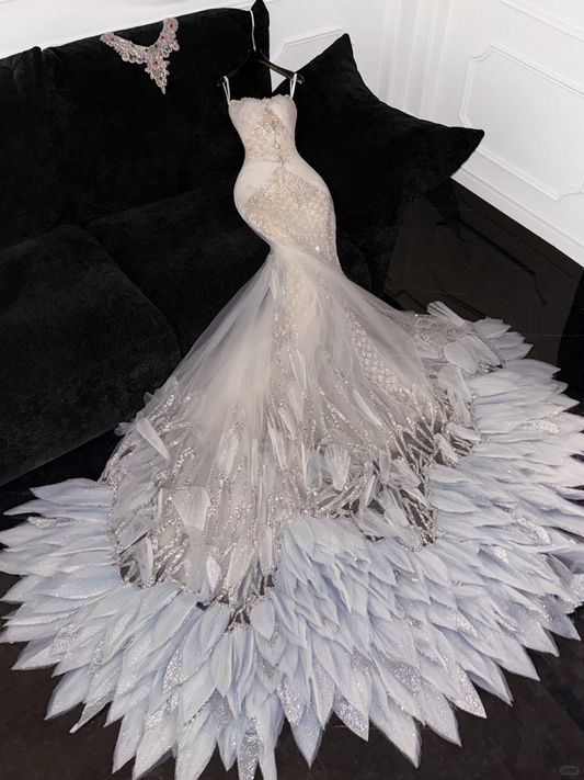 Gorgeous Ivory Sweetheart Tulle Sparkling Sequin Design Elegant Mermaid Floor-length Wedding Dress TP4170