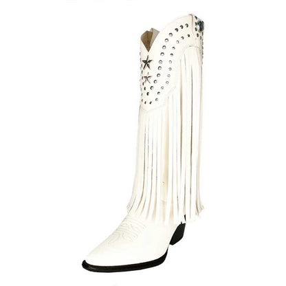 White Vegan Leather Pointed Toe Fringe Knee-High Heel Cowgirl Boots