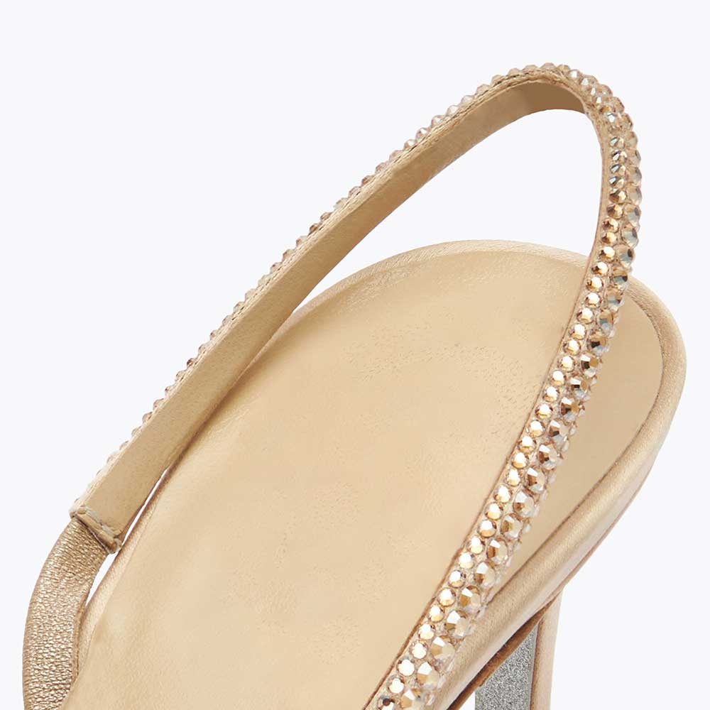 Gold Satin Pointed Toe Rhinestone Embellished Kitten Heeled Pumps