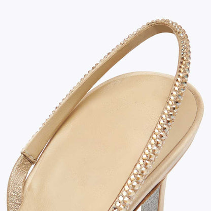 Gold Satin Pointed Toe Rhinestone Embellished Kitten Heeled Pumps