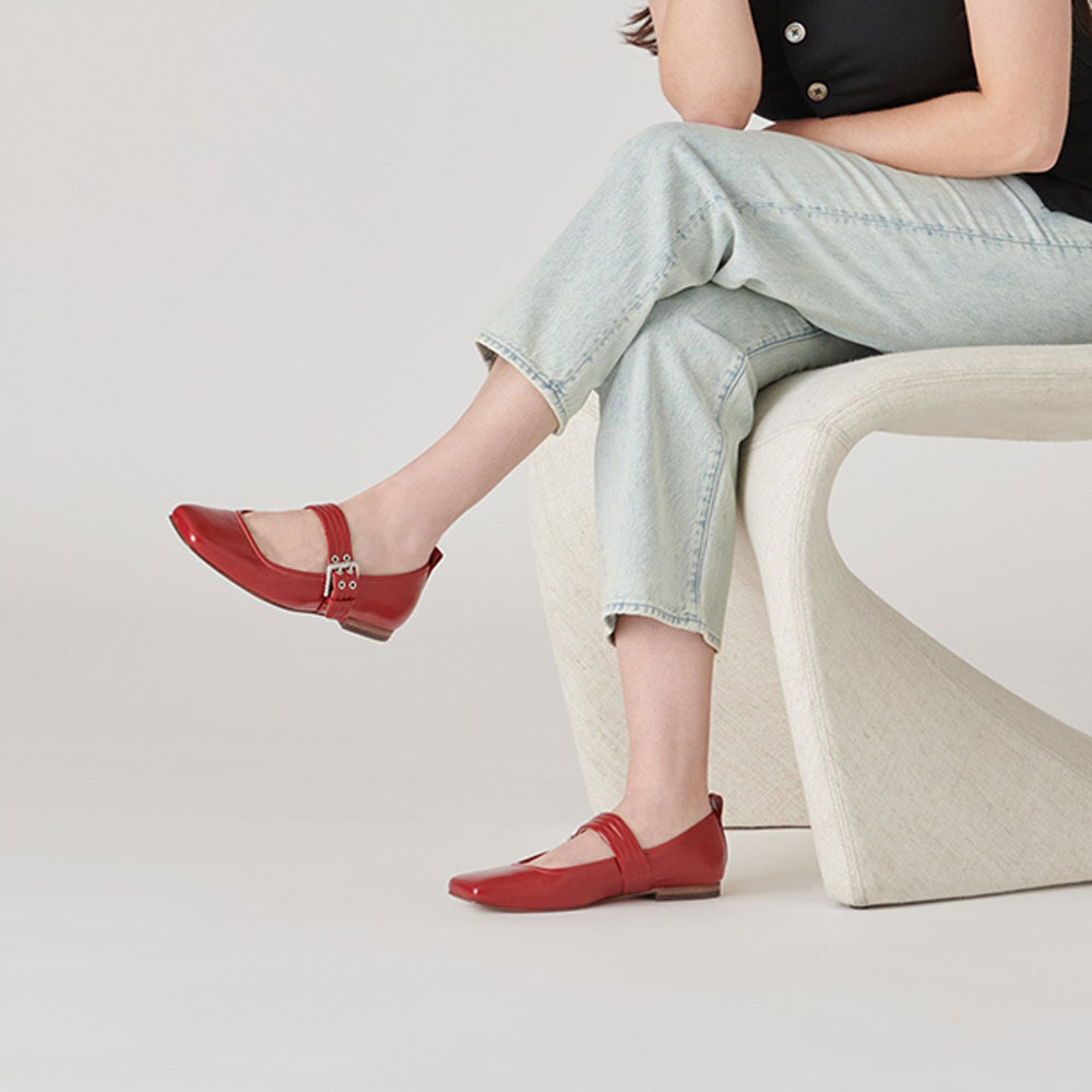 Red Vegan Leather Square Toe Flat Buckle Mary Jane Shoes