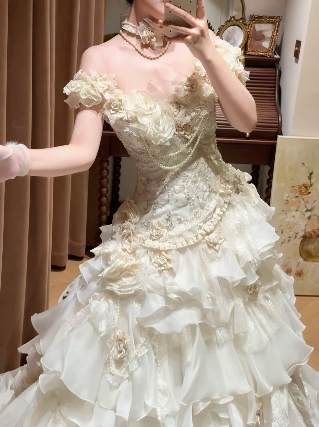 Luxurious Ivory Off-Shoulder 3D Floral Ruffled Pearl Accents Wedding Dress TP5333