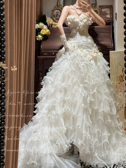 Vintage-Inspired Strapless 3D Floral Ruffled Tulle Dramatic Train Wedding Dress TP5330