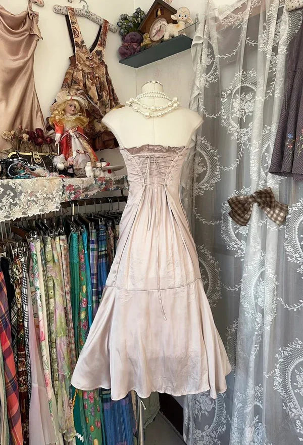 amakanas-- Light pink homecoming dress vintage off-the-shoulder satin short birthday dress gh5728