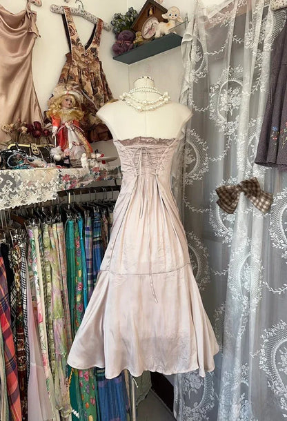 amakanas-- Light pink homecoming dress vintage off-the-shoulder satin short birthday dress gh5728