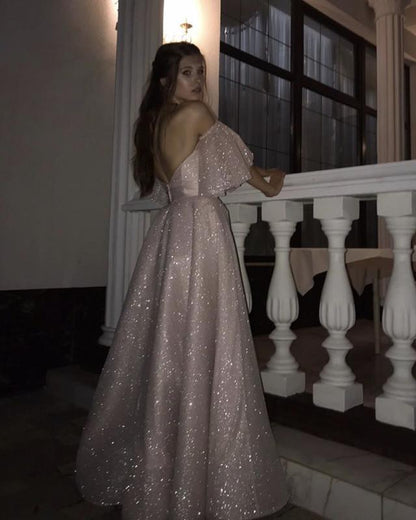 Bling Sequin Prom Dresses Puffy Sleeves Leg Split,Formal dress