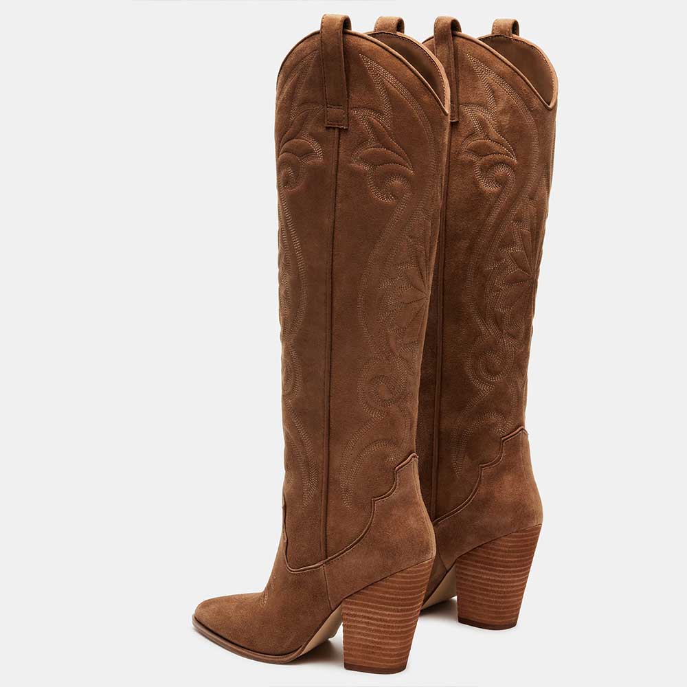 Pointed Toe Chunky Heel Embroidered Knee-high Cowgirl Boots in Brown