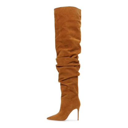 Tan Pointed Toe Stiletto Heel Pull-On Over The Knee Boots