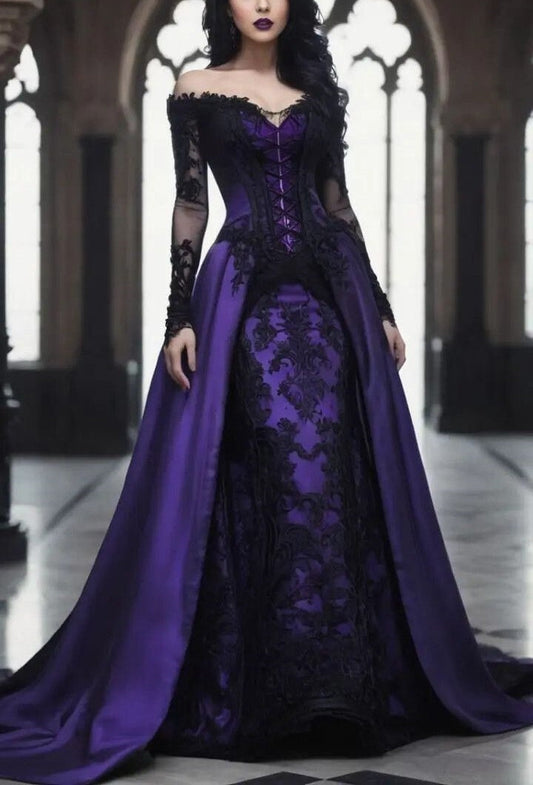 amakanas-Purple and black lace long satin ball gown gh6185