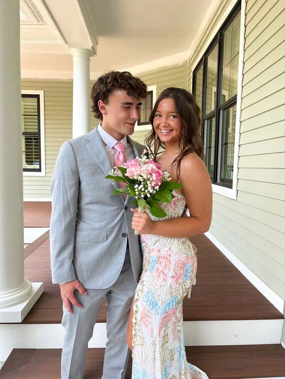 White gorgeous shiny exquisite beaded spaghetti strap sequined backless long chiffon ball gown prom dress evening gown holiday party dress gh2799