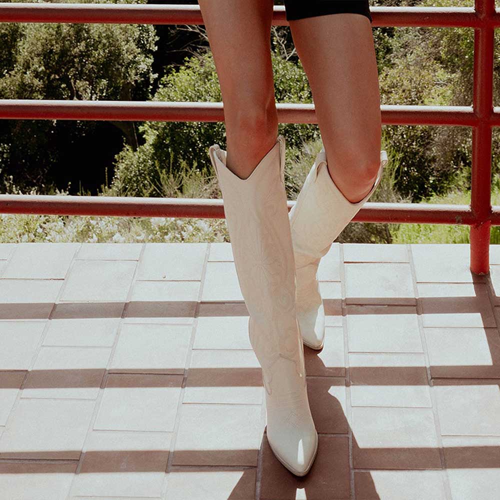 Ivory Pointed Toe Embroidered Knee-high Block Heel Cowgirl Boots