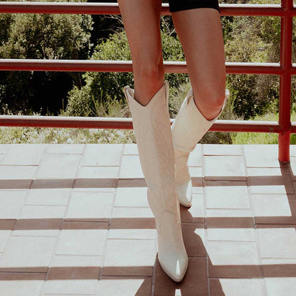 Ivory Pointed Toe Embroidered Knee-high Block Heel Cowgirl Boots