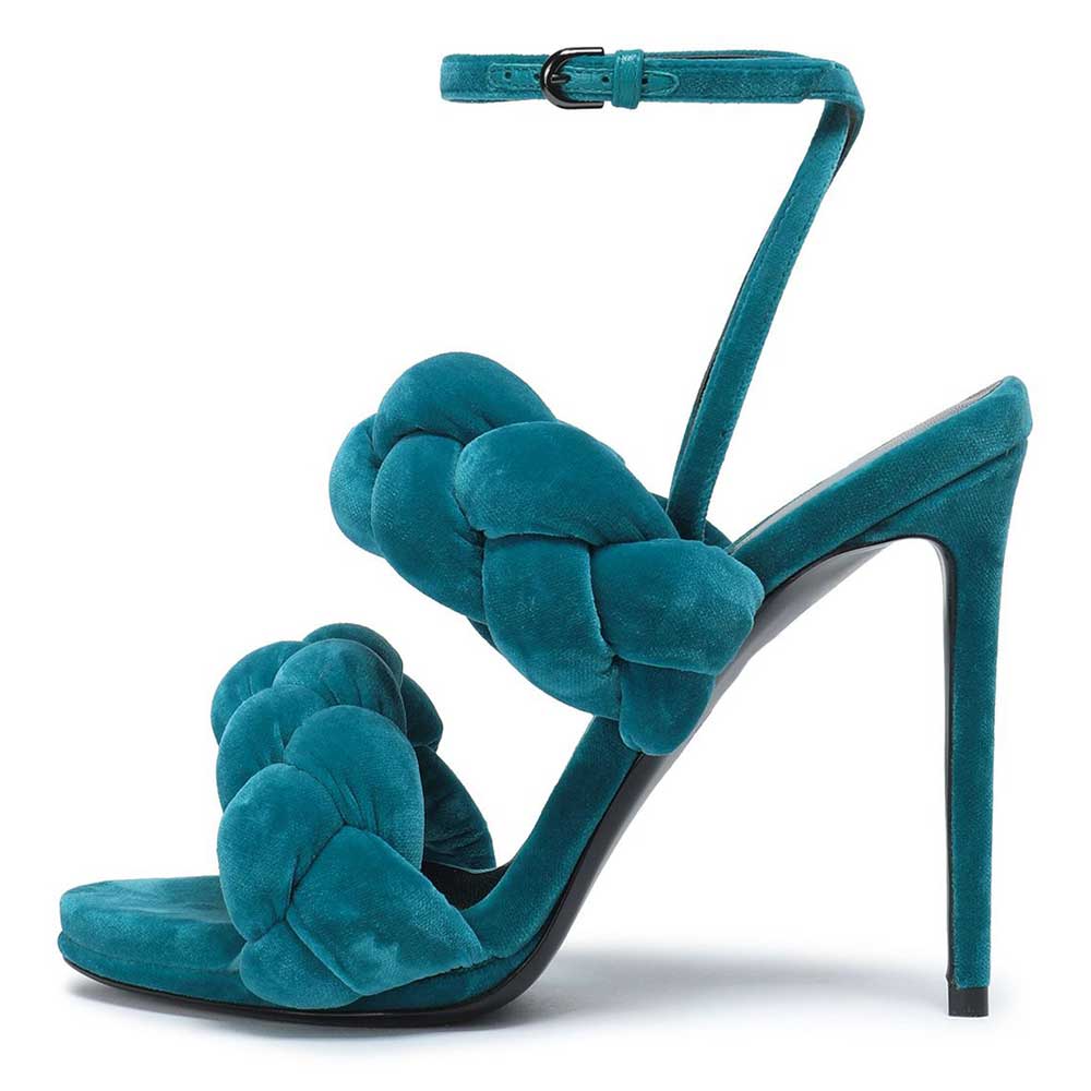 Teal Velvet Open Toe Braided Strap Buckle Stiletto Heeled Sandals