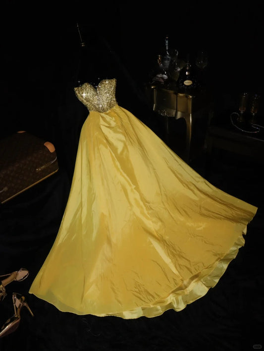 Yellow gorgeous shiny beaded long tulle ball gown evening dress party dress birthday dress gh4456