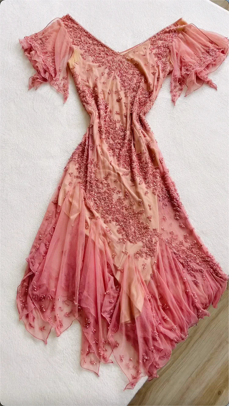 Vintage Pink Chiffon Sequin Prom Dress Sheath Off-the-shoulder Evening Dress Long Formal Dress TP4690