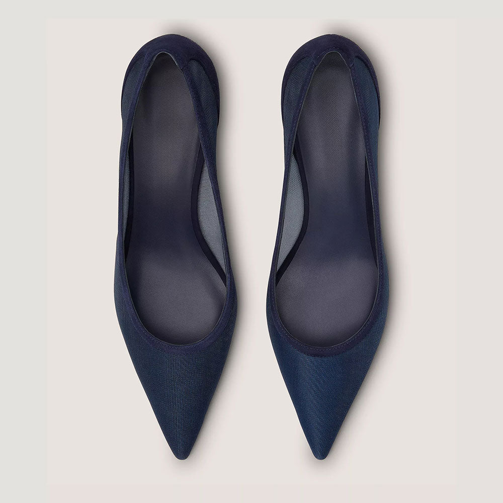 Blue Fabric Pointed Toe Kitten Heel Navy Pumps for Elegant Ladies
