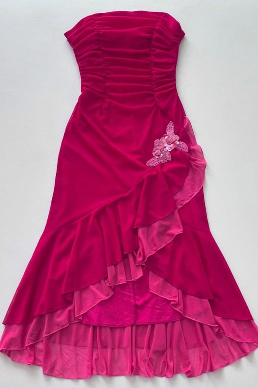 amakanas-Pink Strapless Ruffled Velvet Evening Gown gh6102