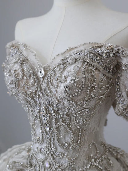 Gorgeous Off-Shoulder Embroidered Wedding Dress A-Line Fairytale Beading Lace Bridal Gown TP5076