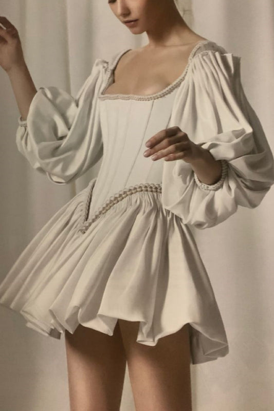 amakanas-White Vintage Elegant Long Sleeve Short Satin Formal Homecoming Dress gh5333