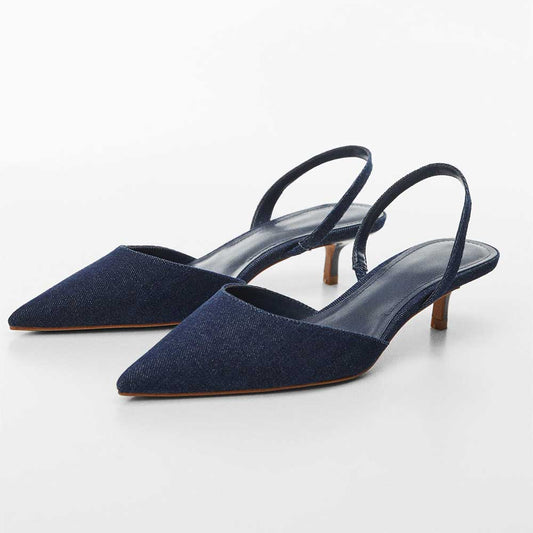 Dark Blue Denim Pointed Toe Kitten Heel Slingback Pumps for Women
